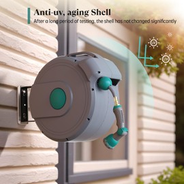 Gilbest Retractable Garden Hose Reel,1/2 in x 100 ft Wall Mounted Hose Reel, with 10- Function Sprayer Nozzle, Any Length Lock/Slow Return System/Wall Mounted/180°Swivel Bracket (Grey)