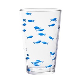 KLIFA- CHARLESTON- 19 oz, Set of 6, Acrylic Fishing Highball, School of Fish Drinking Glasses, BPA-Free, Stackable Plastic Drinkware, Dishwasher Safe Cups, Clear with Dark Blue Printing