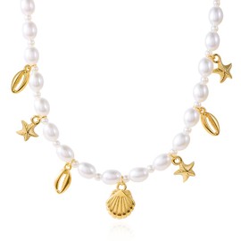 Shell Starfish Necklace for Women Fashion Seashells Faux Pearl Charm Choker Necklaces Gold Plated Trendy Boho Summer Beach Ocean Vacation Lucky Sea Star Jewelry for Daughter Seaside Party Graduation