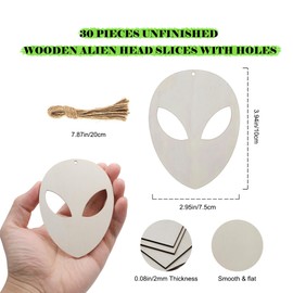 30Pcs Unfinished Alien Wooden Slices for DIY Craft, Alien Head Shape Cutouts Wood for UFO Theme Outer Space Birthday Party Supplies Blank Alien Wood Hanging Ornaments Decor (Alien Head)