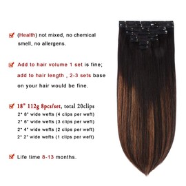 Real Clip in Hair Extensions Natural Black to Chestnut Brown Highlight Black 8 Pieces - Premium Double Weft Thick Remy Hair Extensions Clip in Human Hair (18" / 18 inch, (1BT6) P1B, 112 grams/3.9 Oz)