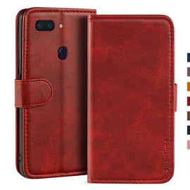 Shantime Stylish Leather Wallet Case Compatible with Oppo R15 Pro, Magnetic Shockproof Flip Cover with Card Holders, Photo Frame and Kickstand(Red)