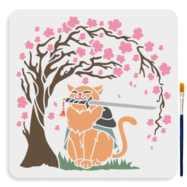 MAYJOYDIY Cherry Blossoms Cat Stencil 11.8×11.8inch Large Katana Stencil with Paint Brush Square Japanese Style Drawing Template for Wood Walls Canvas Furniture Crafts Art Projects