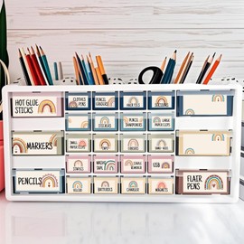 54Pcs Teacher Toolbox Labels Classroom Decoration Self-Adhesive Boho Rainbow Toolbox Sticker Boho Tool Box Storage Decal Rainbow Organizer Container Decor for Back to School Teacher Supplies