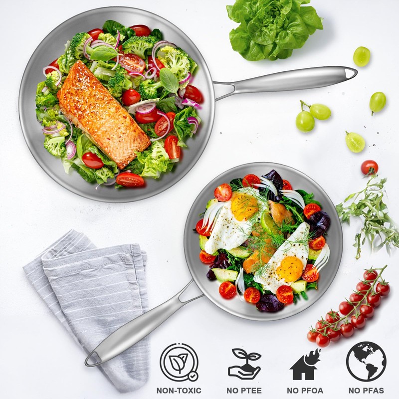 EWFEN Tri-Ply Stainless Steel Frying Pans Set, 8”/10”/12” Cooking pans,