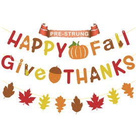 Simife Thanksgiving Decorations - Glittery Happy Fall and Give Thanks Banner Sign, Fall Leaves Garland for Thanksgiving Decor, Autumn Decor, Fall Decorations