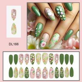 Easter Press on Nails Bunny Medium Almond Fake Nails with Eggs Design Cute Rabbit Nails Press ons, Green Floral False Nails Glossy Flower Reusable Spring Nails for Women Girls Manicure 24pcs