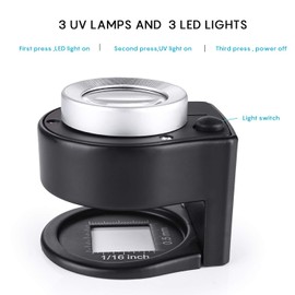 Amoper 30X Loupe Magnifier with 6 Light, Desktop Portable Metal Magnifier Folding Scale Sewing Magnifying Glass for Textile Optical Jewelry Tool Coins Currency (Black)