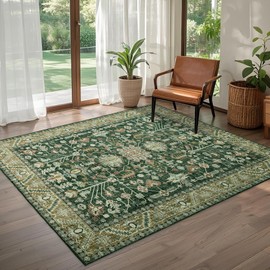 Brevonox 5x8 Area Rug Washable: Oriental Soft Area Rug for Living Room Bedroom No Shedding - Low Pile Thin Carpet Rug for Dining Room Non Slip - Boho Vintage Rug for Home Decor - Retro Forest Green