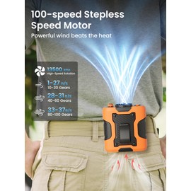 Koonie Portable Waist Clip Fan, Wearable Belt Personal Fan with 100 Levels Speeds, 13500RPM Strong Airflow, Rechargeable Battery Supports 24H Use Time, Cool Clip Under Shirt for Outdoor Jobsite,Orange