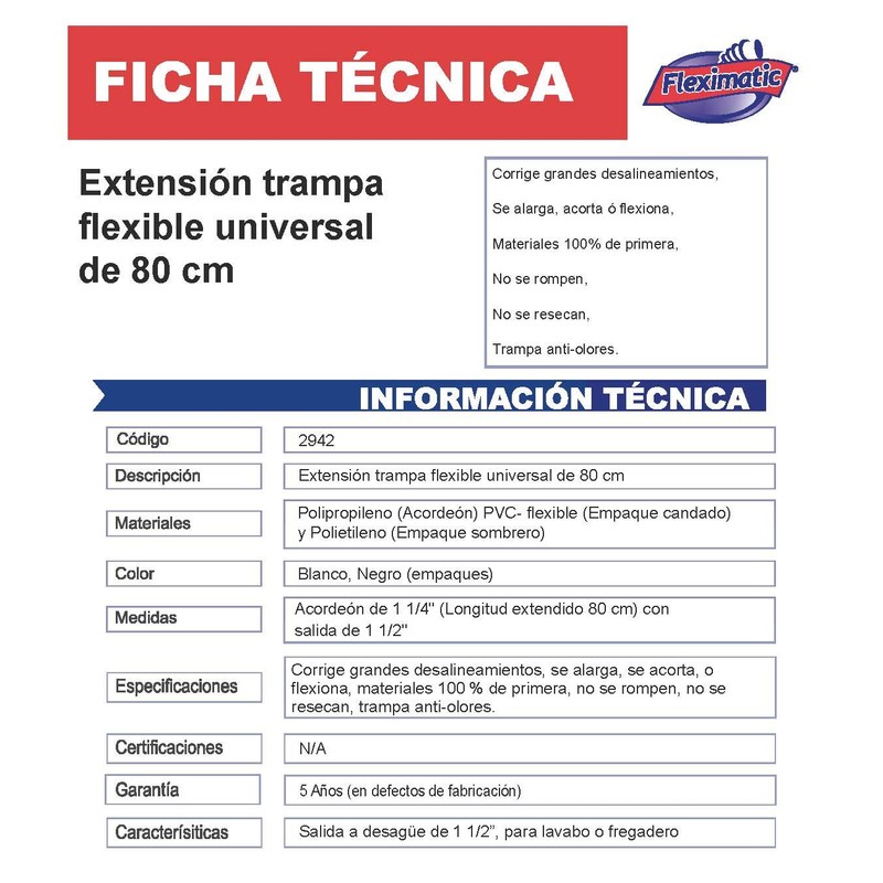 Fleximatic 2942 Trampa/Extensión universal, para céspol de lavabo y/o fregadero