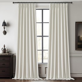 QJmydeco Linen Look Pinch Pleat Curtains Beige White Room Darkening Curtains 96 Inches Long, Neutral Modern Window Thermal Black Out Drapes for Sliding Glass Doors/Bedroom/Living Room(40" Wx96 Lx2)