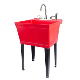 Red Utility Sink Laundry Tub with Stainless Finish Gooseneck Faucet by JS Jackson Supplies, Heavy Duty Slop Sinks for Basement, Laundry Room, Garage or Shop, Large Free Standing Wash Station