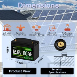 12V 110Ah LiFePO4 Battery, 1280Wh Deep Cycle Lithium Battery with 100A BMS, Support in Series Parallel, Over 4000+ Rechargeable Cycles for Camper, RV, Road-Trip, Wireless Lawn Mover
