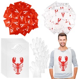 Umigy 200 Pcs Disposable Adults Crawfish Lobster Bibs Boil Seafood Party Supplies Include 50 Lobster Bibs Bulk 50 Wet Wipe 100 Pairs of Plastic Disposable Gloves for Crab Seafood Fest Party