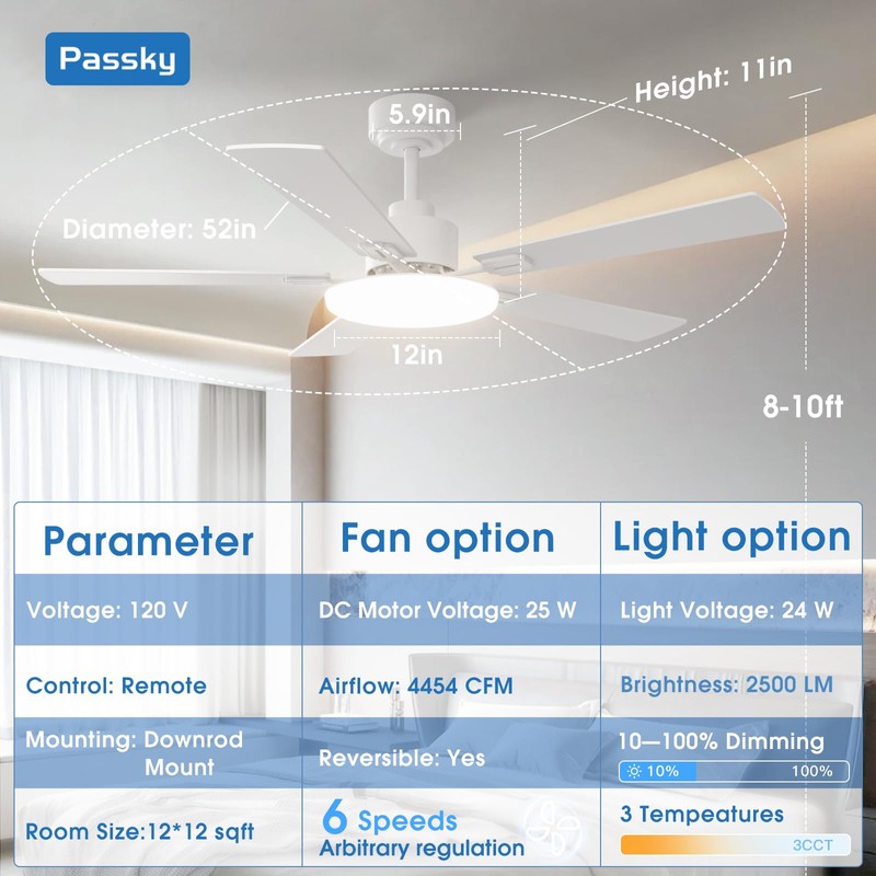 Passky Ceiling Fans with Lights, 52 inch Sleek Ceiling Fan