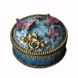 XinZhiRun Round Jewelry Box with Butterfly Decoration - Elegant Treasure Box for Women, Portable Ring & Earring Storage Case, Wedding Gift for Necklaces, Bracelets & Accessories