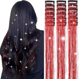 Obinying Hair Tinsel Pack of 18 Pcs Hair Tinsel Clip in 20.5 Inch Glitter Tinsel Hair Extensions Fairy Hair Tinsel Kit Clip in Hair Tinsel Party Festival Hair Accessories for Girls Women Kids (Red)