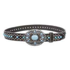 Western Turquoise Rhinestone Studded Faux Crocodile Print Genuine Leather Belt, Black | 30"