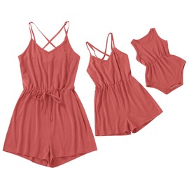Mommy and Me Dresses Outfits Solid Color Adjustable Spaghetti Straps Family Matching Drawstring Belt Jumpsuit Romper V Round Sleeveless Summer Clothes for Mother and Daughter Orange Red 3-6 Months