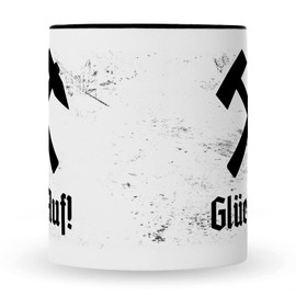 Bedruckte Tasse mit Spruch - Glück Auf! - Geschenke für Zeche Bergwerk Arbeiter - Geschenk für Mama Papa Freunde Geburtstag Vatertag Weihnachten - für Männer & Frauen - Farbe: Schwarz & Weiß
