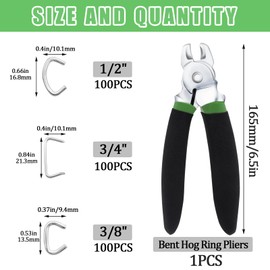 Ruibapa 300 Pcs Hog Rings with Bent Hog Ring Pliers Kit 3/4" 1/2" 3/8" Galvanized Hog Rings for Bagging、DIY Craft、Furniture、Animal Pet Cages、Ropes