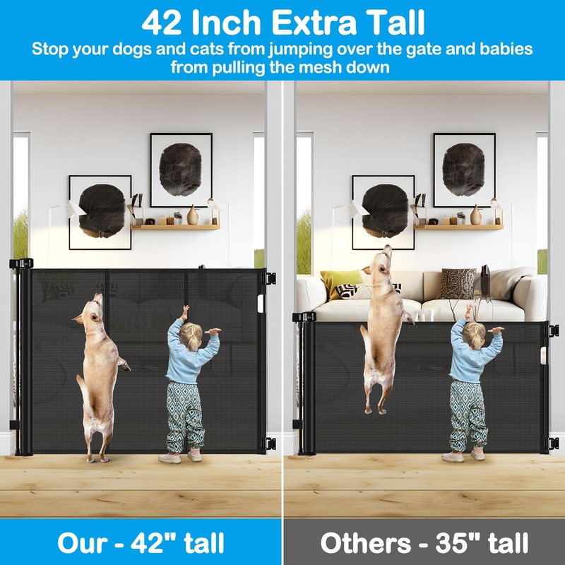 Reinforced 42 Inch Extra Tall Retractable Dog Gate with Reinforced