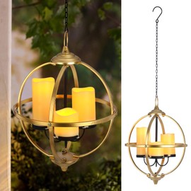 SUNNYPARK Battery Operated Outdoor Candle Chandelier - Gold and Black Metal Globe Hanging Pendant Light with 3 Flameless Candles, 12.6" Waterproof Lights for Gazebo, Pergola, Garden, Porch & Backyard