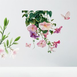 2 Pcs Colorful Flowers Wall Stickers Decor Butterflies Morning Glory Floral Wall Decals Peel and Stick Removable Funky Home Wall Art Decorations for Living Room Kitchen Bathroom Office (C)