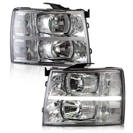 PIT66 LED Bar Headlight Assembly Compatible With Chevy Silverado 1500 2007-2013/Fit Silverado 2500 3500 & HD 2007-2014 Headlamps Front Lights Chrome Housing Clear Lens Clear Corner