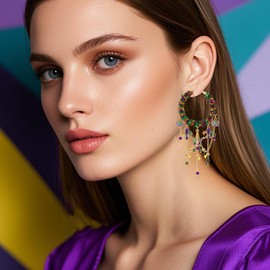 HZEYN Mardi Gras Earrings Glitter Sequins Hoop Earrings Mardi Gras Fleur De Lis Mask Crown Tassel Dangle Hoop Earrings Fat Tuesday Parade Outfit Accessories (Crown Mask)