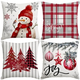 Miaikoe Christmas Cushion Covers 45x45 cm Set of 4, Decorative Farmhouse Snowman Joy Believe Christmas Tree Red Pillow Covers for Winter Holiday Home Decor Decoration