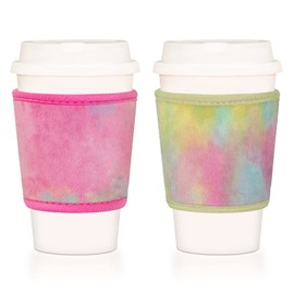 BAGnoREGio Soft Plush Velvet Reusable Hot Coffee Sleeve, Heat Resistant Fuzzy Neoprene Insulated Cozy for Iced Drink Cups, 2-pack, (Pastel Pink, Beige Yellow)