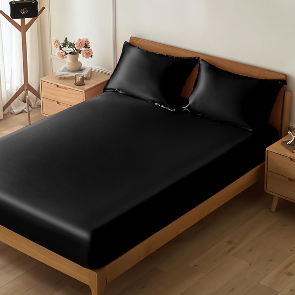 VACVELT 3-Piece Satin Fitted Sheet Set Full Size, Black Bottom