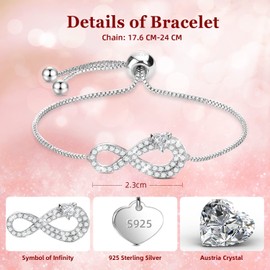 Bracelet for Women,Infinity Bracelet Sterling Silver,Crystal Bracelet,Heart Bracelet,Love Bracelet,Adjustable Bracelet,with Gift Box,Gifts for Women,Mothers,Gifts for Mother's Day Party Birthday