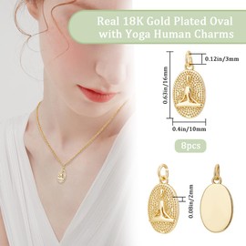 Beebeecraft 1 Box 8Pcs Yoga Human Charms 18K Gold Plated Oval Round Meditation Sitting Buddha Energy Pendant Charms with Jump Ring for Jewellery Making Necklace Bracelet DIY Crafts