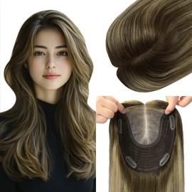 kolala Hair Toppers for Women Real Human Hair, 6x7 inch Larger Silk Base 150 Density 75 grams 16inch Balayage Chocolate Brown To Caramel Blonde Wiglet Top Pieces Add Volume（#4274 16inch）