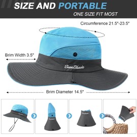Sun Hats for Women, Wide Brim Beach Bucket Hats with Ponytail Hole, Outdoor UV Protection Foldable Fishing Hat Cooling Mesh Hiking Bucket Hat, Blue