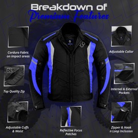 FOXKULL Motorsports Men’s Textile All-Season Motorcycle CE Armored Waterproof Protective with Air Vent Zippers (US, Alpha, X-Large, Regular, Regular, Blue)