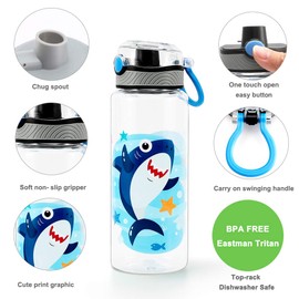Cute Water Bottle for School Kids Boys, BPA FREE Tritan & Leak Proof Flip Top Lid & Easy Clean & Carry Handle, 23oz/ 680ml - Shark