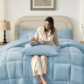SunStyle Home Light Blue Full Size Comforter Sets - 7 Pieces Bed in a Bag, Lightweight Goose Down Alternative Bedding Sets with All Season Comforter, 1 Flat Sheet, 1 Fitted Sheet, 4 Pillowcases