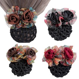 3 Pcs Women Flower Snood Net Barrette Hair Clip Bun Cover Flower Decor Hair Clip Hairnet Satin Bow Barrette French Hair Clips Hair Accessories for Stewardess Banks Hotels Staff