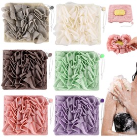 Swiffen 6 Pcs Washcloth Loofah Combo, 2 in 1 Bath Loofah Sponge Soft Loofah and Washcloth with Drawstring, Exfoliation Mesh Shower Puff Ball for Body Wash Cleansing and Smooth Skin(Multicolor)