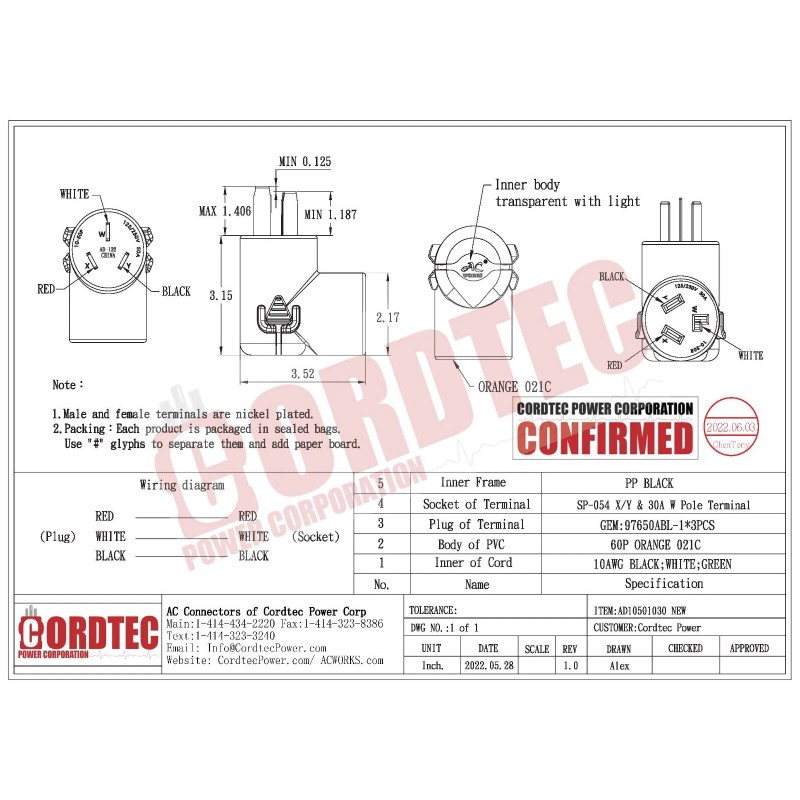 AC WORKS® 30A 250V Adapter AD10501030 | NEMA 10-50P to