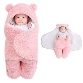 NARUTOO Newborn Baby Swaddle Blanket, Baby Hooded Swaddle, Receiving Blanket Unisex Fleece Sleeping Bag, Plush Swaddle Blankets Soft Lined Swaddle for Kids Aged 0-3 or 3-6 Months (3-6 Months, Pink)