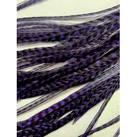 Whiting 5 Extra long Skinny PURPLE Grizzly Striped Feather Hair Extensions W/ Beads