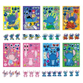 24pcs 9”x6 Cartoon Stitch Make-a-face Stickers for Kids, Make Your Own Sticker Mixed and Matched with 8 Designs Characters Stickers for Party Decoration,Birthday Gifts(Stitch)