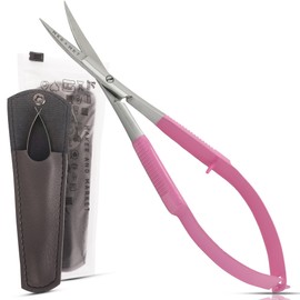 MAKER AND MARKET Spring Action Curved Blade 4.5 Inch EZ Snip Squeeze Scissors with Pouch Sleeve for Applique, Embroidery, Fabric, Thread, Knitting, Sewing, Arts & Craft (Curved Pink)