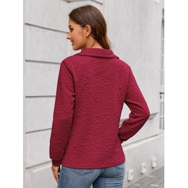ECOWISH Women Tops Quarter Zip Fall Winter Tunics Casual Oversized Pullover Ribbed Quilted V Neck Collared Outfits Loose 2025 67Wine Red Large