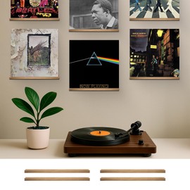 VOL-KI 4-Pack Vinyl Record Shelf Wall Mount – Solid NZ Pine Wood Floating Vinyl Display Shelf & Record Holder, Includes Now Playing Display, Marking Strip & Mini Level (Rich Walnut)